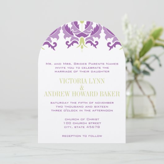 Invitation de Mariage damassé violet et vert (Debout devant)
