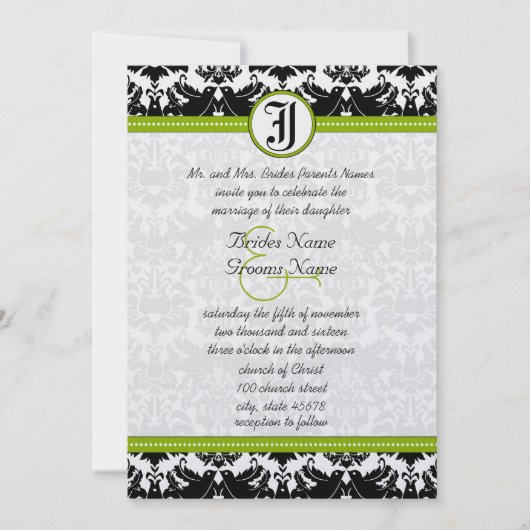 Invitation de mariage damassée Apple verte oiseaux (Devant)