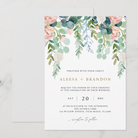 Invitation de mariage dans le jardin de Blush (Devant / Derrière)