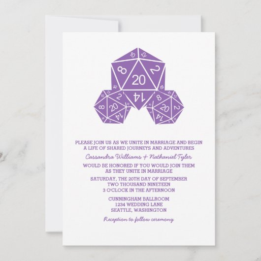 Invitation de mariage de dés D20 violet (Devant)
