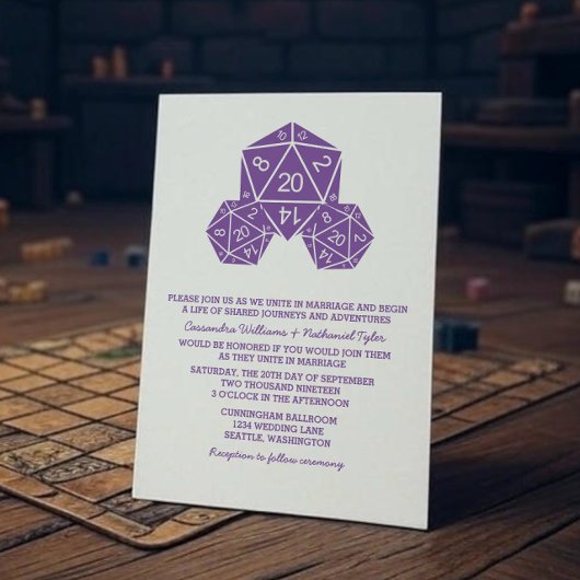 Invitation de mariage de dés D20 violet