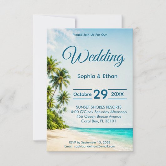 Invitation de mariage de destination Ocean Paradis (Devant)