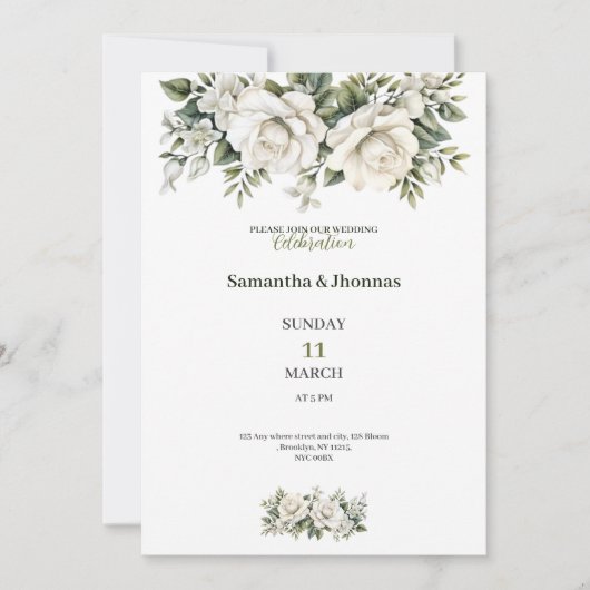 Invitation de mariage de luxe Roses blanches dorée (Devant)