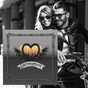 Invitation de mariage de motard Flames Heart RockN