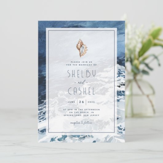 Invitation de mariage de Navy Blue Beach (Debout devant)