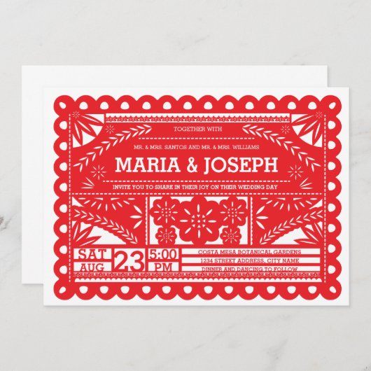 Invitation de mariage de Papel Picado - rouge (Devant / Derrière)
