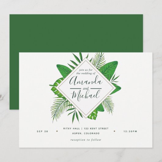 Invitation de mariage de plage aux feuilles tropic (Devant / Derrière)