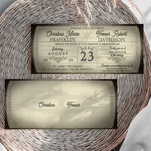 Invitation de mariage de style billet vintage