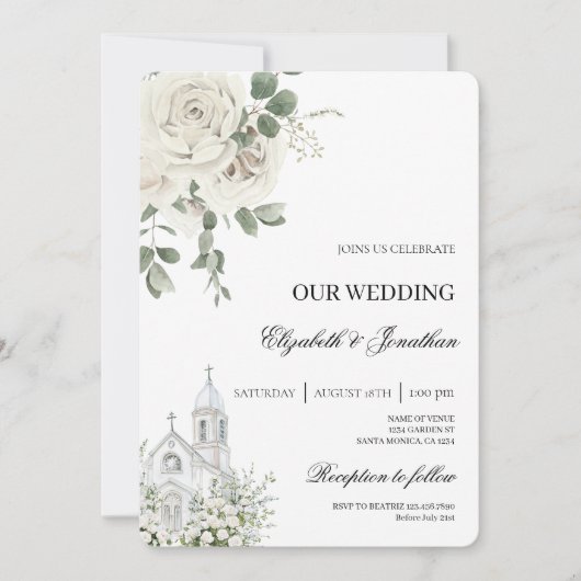 Invitation de mariage d'église florale blanche (Devant)