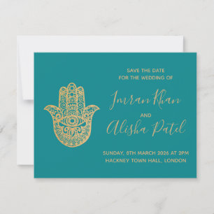 Invitation de mariage Desi hamsa Henna Or Bleu sar