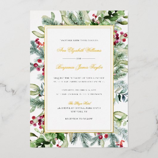 Invitation de mariage d'hiver Ava Gold Foil avec R (Recto)