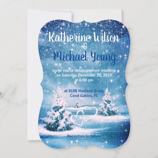 Invitation de mariage d'hiver - Neige bleue et bla (Devant)