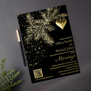 Invitation de mariage d'hiver noir et or Code QR