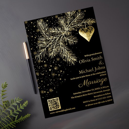 Invitation de mariage d'hiver noir et or Code QR