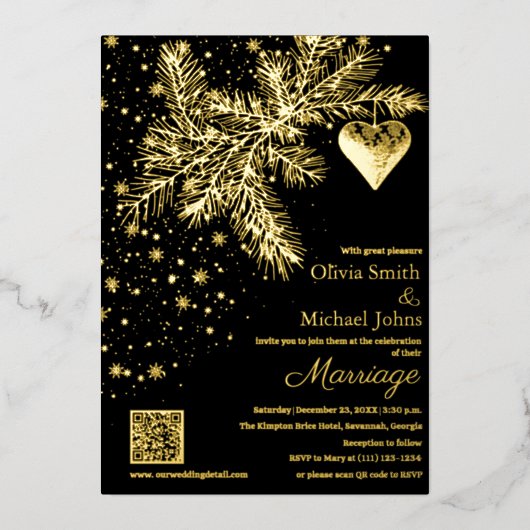 Invitation de mariage d'hiver noir et or Code QR (Recto)