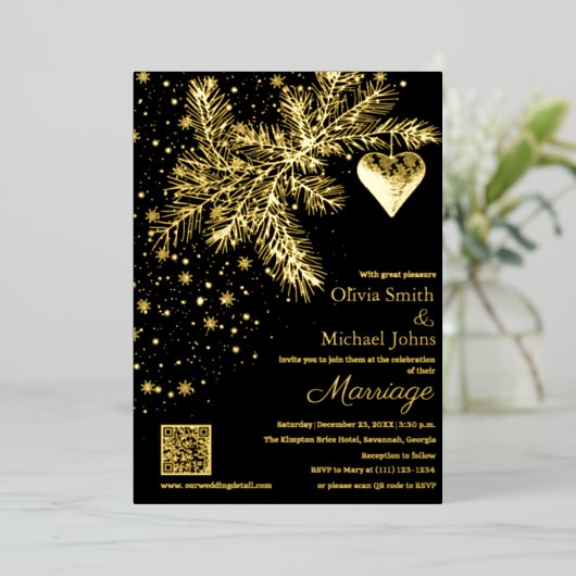 Invitation de mariage d'hiver noir et or Code QR (Debout devant)