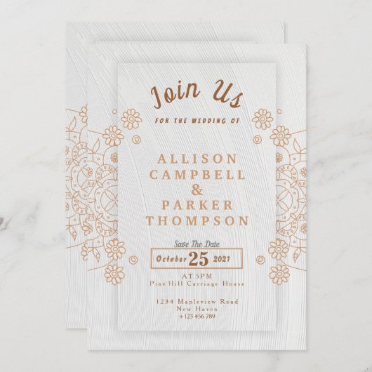 Invitation de mariage dorée et blanche (Devant / Derrière)