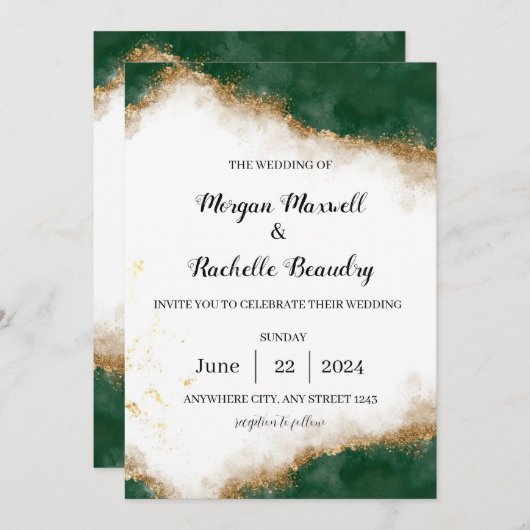 Invitation de mariage écolo et or (Devant / Derrière)