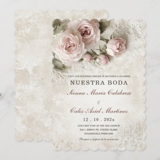 Invitation de Mariage Élégant avec Fleurs Rose Pâl (Devant / Derrière)