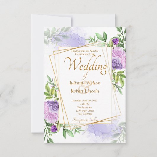 Invitation de mariage élégante à fleurs violettes (Devant)
