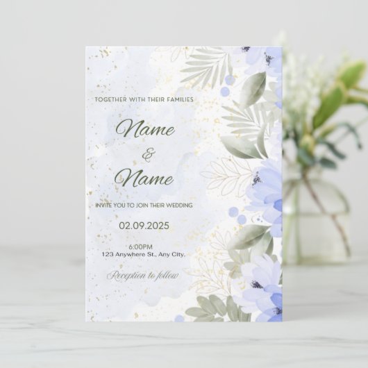 Invitation de mariage élégante à motif floral bleu (Debout devant)