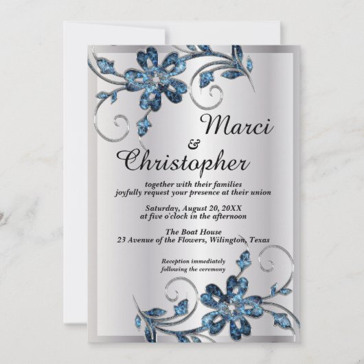 Invitation de mariage élégante argent et bleu (Devant)