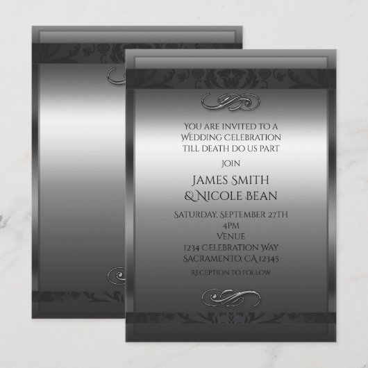 Invitation de mariage élégante argent et noir (Devant / Derrière)