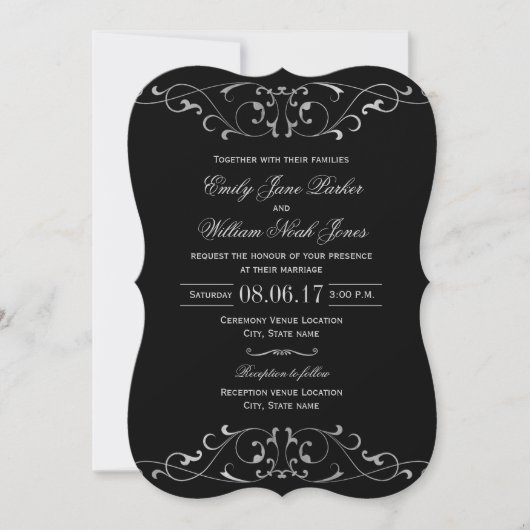 Invitation de mariage élégante argent noir (Devant)