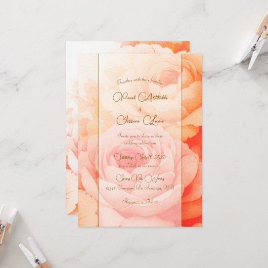 Invitation de mariage élégante aux fleurs de pêche (Devant/Arrière en situation)