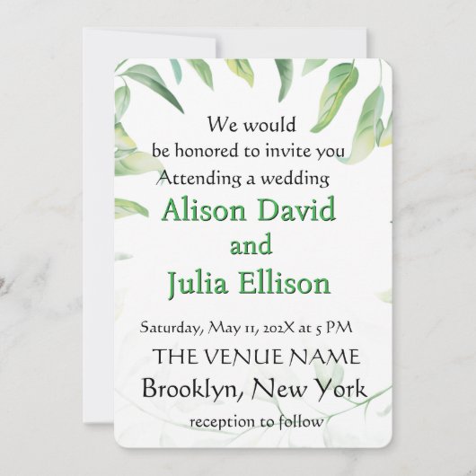 Invitation de mariage élégante avec feuilles verte (Devant)