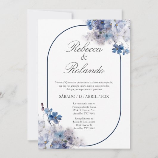 Invitation de mariage élégante avec fleur bleue en (Devant)