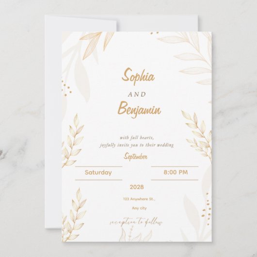 Invitation de mariage élégante blanche beige flora (Devant)