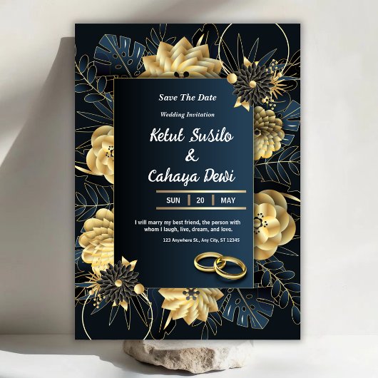 Invitation de mariage élégante blanche et or