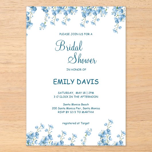 Invitation de mariage élégante bleue florale (Recto)