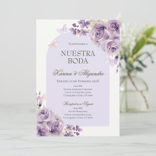 Invitation de mariage élégante boho florale violet (Debout devant)