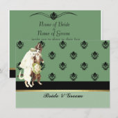 Invitation de mariage élégante en damassé vert pou (Devant / Derrière)