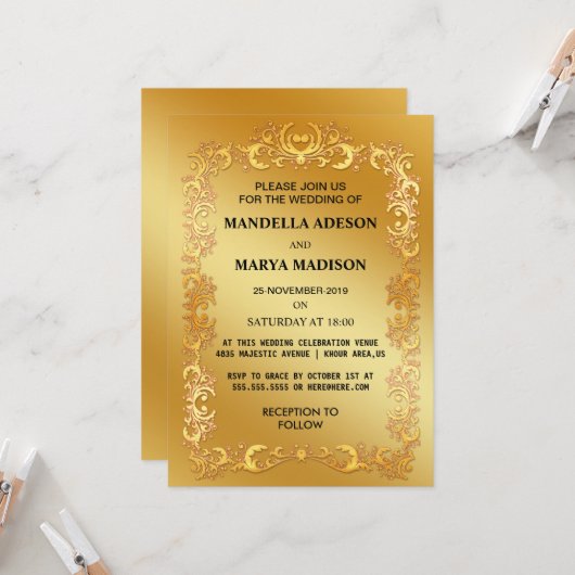 Invitation de mariage élégante et ornée en or (Devant/Arrière en situation)