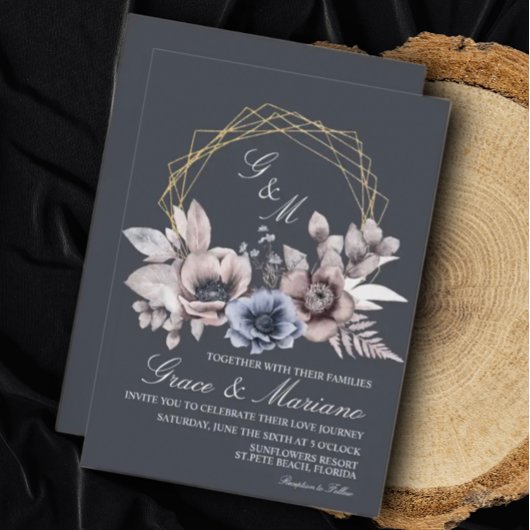Invitation de mariage élégante florale bleue