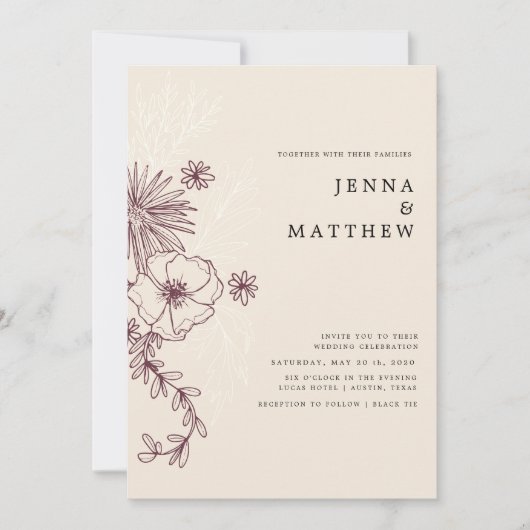 invitation de mariage élégante florale crème (Devant)