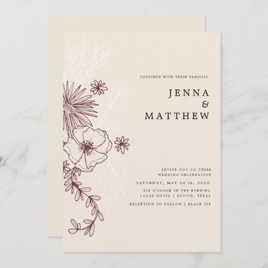 invitation de mariage élégante florale crème (Devant / Derrière)