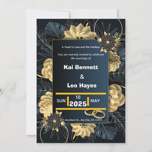 Invitation de mariage élégante florale dorée pour (Devant)