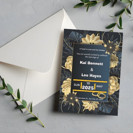 Invitation de mariage élégante florale dorée pour