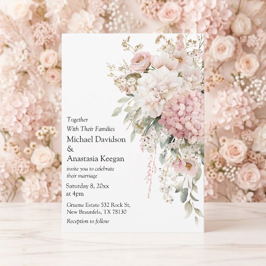 Invitation de mariage élégante florale rose script