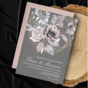 Invitation de mariage élégante grise et rose flora