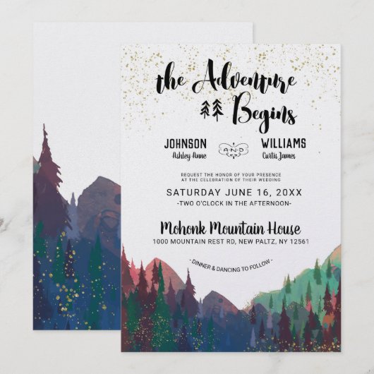 Invitation de mariage élégante Montagne dorée (Devant / Derrière)