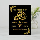 Invitation de mariage élégante noire et dorée (Debout devant)