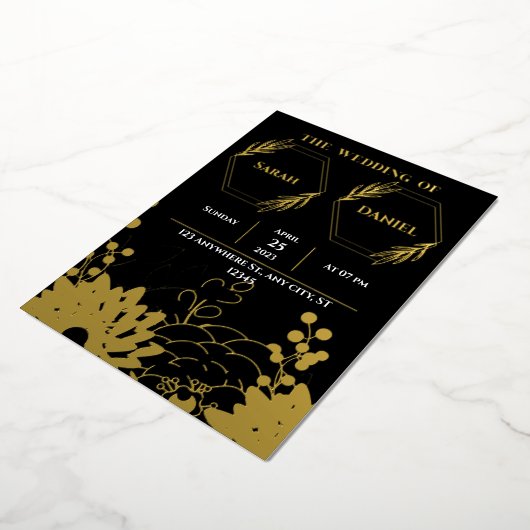 Invitation de mariage élégante noire et dorée à mo (Rotation)