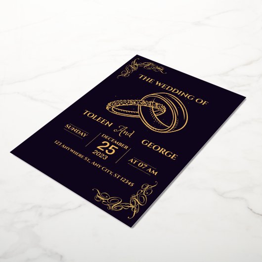 Invitation de mariage élégante noire et dorée à mo (Rotation)