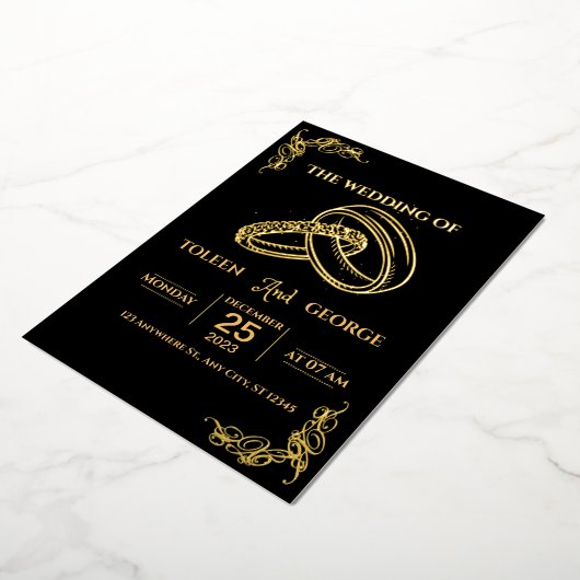 Invitation de mariage élégante noire et dorée avec (Rotation)