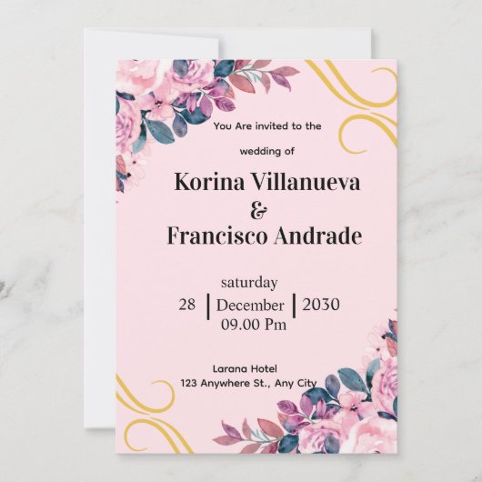 Invitation de mariage élégante rose et violette (Devant)